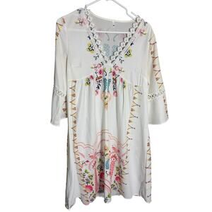 Boho Floral Babydoll Tunic Dress White Embroidered Lace V Neck Medium Festival